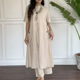 preeson Women's Pure Cotton Chick Embroidery Solid Co-Ord Set | Ethnic Half Sleeves Cotton Kurta Pants Set image 1