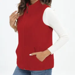 xeoxarel Women's Soft Polar Fleece Vest, Lightweight Sleeveless Jackets Classic Fit Outerwear Full-Zip Pockets Casual Clothes Red 1XL image 2