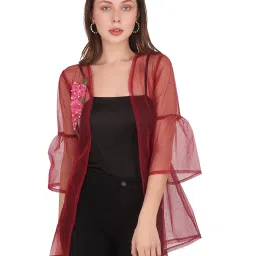 unfakenow Women Floral Embroidered Pearl Embellished Net Shrug image 4