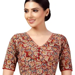 studio shringaar Women's Readymade Cotton Kalamkari Printed Saree Blouse with Elbow Length Sleeves image 4