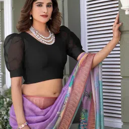 amazon brand - anarva Round Neck Lycra Stretchable Puffed Elbow Sleeve Readymade Saree Blouse for Women Stylish image 2