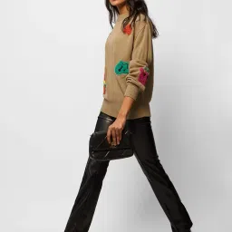 the souled store Trippy Smiles Women and Girls Long Sleeves Turtle Neck Beige Acrylic Oversized Sweaters image 1