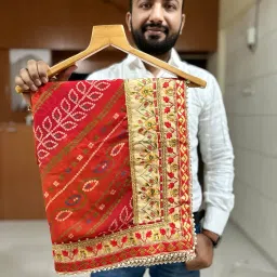 kgm brand Traditional Bandhej Print Chiffon Saree, Red and Gold, Gota-Patti Border, Half-Half Design image 1