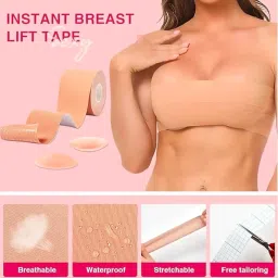 akhirah Boob Tape Kit - Instant Boob Tape with 10 Nipple Pasties for Fashion with 36 Strips Double Sided Tape for Clothes &1 Pair Reusable Nipple Cover for Women Beige image 1