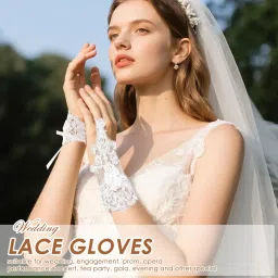 coolshef Bridal Lace Wedding Gloves for Women White Fingerless Short Net Gloves with Pearls – Elegant Lace Gloves for Bride Gown Dress Accessories image 2