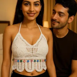 Crochet Halter Top, White Cotton Knit, Scalloped Hem with Colorful Pom Pom Trim image 3