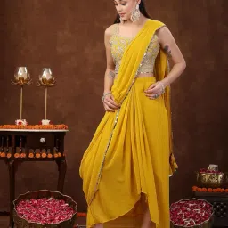 stylum Women's Solid Georgette Draped Readymade Lehenga Set With Printed Jacket (Pcjmustardtaylor_Mustard) image 5