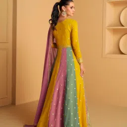 shampysky Women's Yellow Faux Georgette Stitched Top with Dupatta Full Sleeve Embroidered Anarkali Gown (SSW-1183-Yellow) image 2