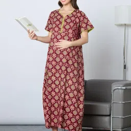 momtobe Women's Cotton Printed Feeding Maternity Nighty | Nursing Gown with zips on Both Sides image 1