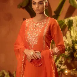 fiorra Women’s Orange Viscose Chanderi Embroidered Ethnic Straight Kurta Set with Dupatta image 4