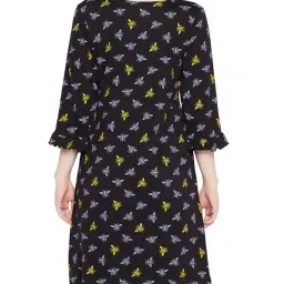 clovia Women's Cotton Dragonfly Print Short Night Dress with Pocket in Black image 4