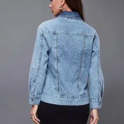 miss chase Women's Collared Full Sleeves Buttoned Denim Jacket image 2