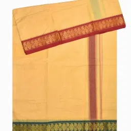 tuni mani Men's Panchakacham Dhoti with Angavasthram Towel, Jari Border, 100% Cotton, Size: 9 X 5 (4.0mtr Dhoti, 2.25mtr Towel) (Unstitched) image 1