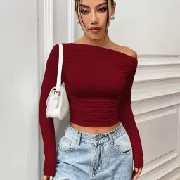 istyle can Solid Black Color Asymmetric Collar Pleated Cropped Top - Asymmetrical Neck, Ruched Design, Regular Sleeve, Casual, Long Sleeve | Full Sleeve, Crop Length, Slim Fit image 5