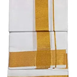 smt Men's Cotton Traditional Single Casual Style Dhoti With Big Gold Border And1.8 Meter Angvastram Towel (White, Free Size) image 5