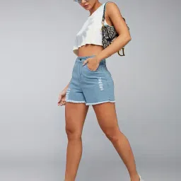 dolce crudo Women's Relaxed Mid Rise High Distress Regular Non Stretchable Denim Shorts image 5