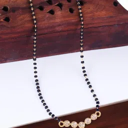 meenaz American Diamond Mangalsutra for women stylish vati wati 1gm gold mangal sutra short AD CZ Pendant Necklace design jewellery for women nallapusalu one gram 18 inch black beads chain golden -36 image 2