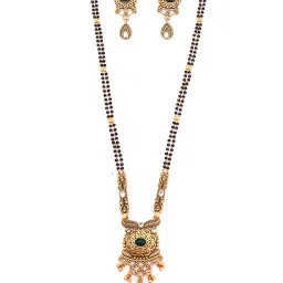 kulin jewellers Kulin Traditional Rajwadi Mangalsutra Set Green Stone Pendant & Kundan Detailing Dual Bead Chain Golden Color Plated Bridal Jewellery with Black Beads Indian Wedding Jewellery for Women image 4