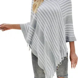 bold n elegant Winter Warm Kniitted Wool V neck Stripe Fringe Tassel Poncho Wrap Shawl Sweater Cape Top for Girls & Women image 1