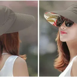 Women's Sun Visor Hat with Floral Pearl Embellishments, Wide Brim, UV Protection, Khaki image 2