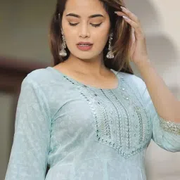 nasro Women's Viscose Rayon Printed Embroidered Round Neck 3/4th Sleeves Anarkali Kurta & Pant Suit Set/Salwar Suit Set (Purple) image 1