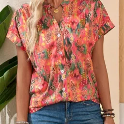 lirit Women Orange Printed Button-Down Shirt | Short Sleeves, Collared Neck & Casual Fit | Women's Shirt & Top image 5