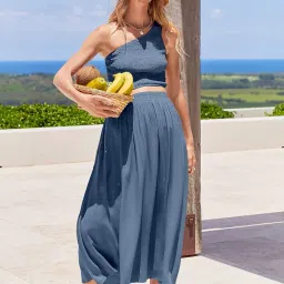 anrabess Women's 2 Pieces Outfits One Shoulder Smocked Crop Top & High Waist Long Skirt Dress Set with Pockets image 2