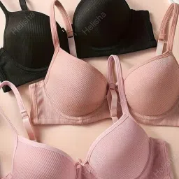 helisha Women's & Girl's Ribbed Cotton Material Seamless Soft Comfort Padded Pushup Bra (Pack of 2) Random Colours as per Availability image 2