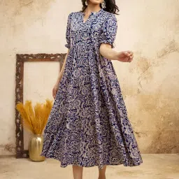 presha Women's Fit and Flare Pure Cotton Long Maxi Dress (SP-11 Blue05) image 3