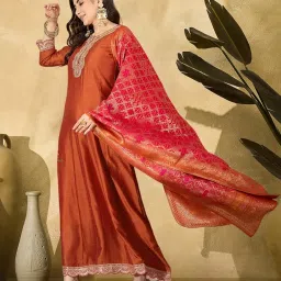 shewill Gown for Women - Orange Vichitra Silk Zari Sequence Thread and Cording Embroidered Ethnic Gown with Flared Design for Women image 5