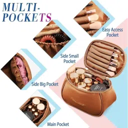 Sprqcart Large Capacity Waterproof Travel Cosmetic Bag with Handle and Divider - Multifunctional Makeup Organizer for Easy Access - Stylish Design | Brown image 2