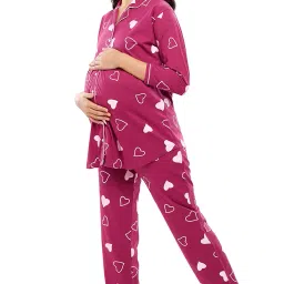 zeyo Women's Cotton Heart Printed Maternity & Feeding Night Suit Set Of Top & Pajama Set Nursing Night Dress 5634 image 4
