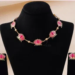 diva inspire Women Gold-Plated Minakari Lotus Necklace with Earrings image 2