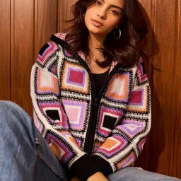 the souled store Prismatic Women and Girls Long Sleeves Hooded Neck Zipper Front Multicolored All Over Printed Regular Fit Knitted Sweaters image 2