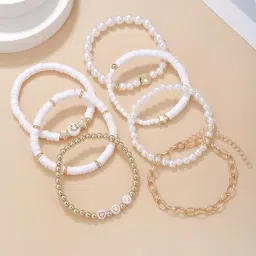 shining diva fashion 7Pcs Combo Latest Stylish Beach Surfer Bracelets Set | Colorful Preppy Heishi Bracelet | Multilayer Boho Happy Smile Heart Star Stretch Beaded Bracelets | Evil Eye Stackable Beaded Bracelets | Y2K Pearl Bracelets Set for Women Girls Teens image 2