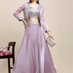 madhuram textiles womens' Lehenga And Choli With Short Jacket Set With Zimmichu Silk Embroidery Work Set(M-2489 Purple) image 2