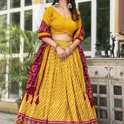 krishuethnics Rajasthani Lehenga Choli with Laheriya and Bandhani Print - Stitched Tussar Silk Lehenga with Foil Work, Tassels, and Zip - 42 Inches Length, 3 Meter Flair image 2