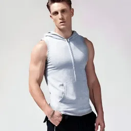 hot button Men's Sleeveless Hooded Zipper Workout Tank Top, Solid Color, Casual Gym Fitness Vest, White image 2