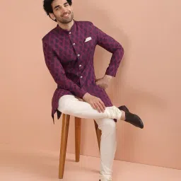 kisah Men Magenta Jacquard Indowestern Sherwani Churidar Set image 1