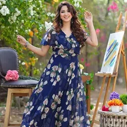 fashion2wear Women's Georgette Casual Floral Digital Print Half Sleeve Knee Length Fit & Flare Long Maxi Gown Dress (Flower_Gown) image 2