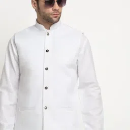 kraft india Men's Cotton Solid White Kurta Churidar With Twill Nehru Jacket Set image 4