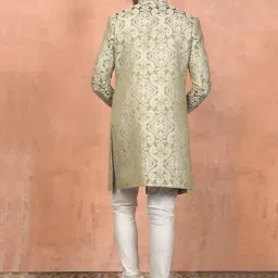 kisah Men's Ethnic Wear Silk Blend Woven Design Regular Fit Olive Indo-Western Sherwani Set Indo-Western image 4