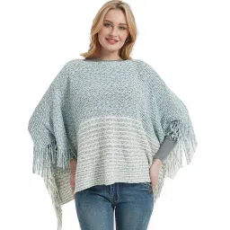 bold n elegant Women Winter Bicolor Stripe Fringe Tassel Hollow out Cloaks Poncho Wrap Shawl Sweater Cape Top for Girls & Women image 2