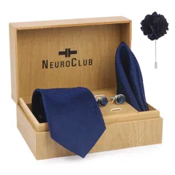 neuroclub Neuro Club Neck Tie Set 4pcs Microfiber Silk Formal/Casual Necktie, Pocket Square, Lapel, Cuff Links Wooden Gift Box (Free Size) image 1