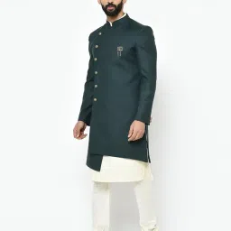 kisah Men Green Solid Cotton Kurta Indo-Western Sherwani Set Indo-Western, Full Sleaves, Knee Length, Straight, Regular Fit, Mandarin Collar Ethnic wear, 42 image 1