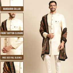kisah Men's White Kurta Indo-Western Sherwani Set Indo-Western, Full Sleaves, Knee Length, Straight, Regular Fit, Mandarin Collar Ethnic wear image 2