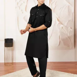 vastramay Men's Cotton Blend Pathani Kurta Set || Shoulder Flaps, Two Pockets with Flap, Cuff Plus Rollover Sleeves and Relaxed Fit Salwar Patiala Pyjama. || Elegance for Holi & Eid Celebration image 3