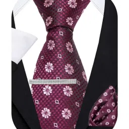axlon Wine Geomtric Tie For Men – Formal Ties Set With Pocket Square & Tie Pin Clip For Mens, Silk Neckties Gift Sets For Men’s (AXNW63) image 3