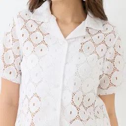 globus Women Notched Lapel Short Sleeves Crochet Shirt & Wide Leg Trousers Co-Ord Set image 4