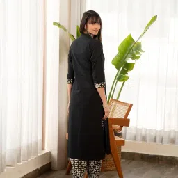 yashika Women's 3/4 Sleeve Solid Black Color Kurti Pant Set, Cotton Blend, Knee Length, Stylish Ethnic Outfit, Office, and Casual Occasions image 3